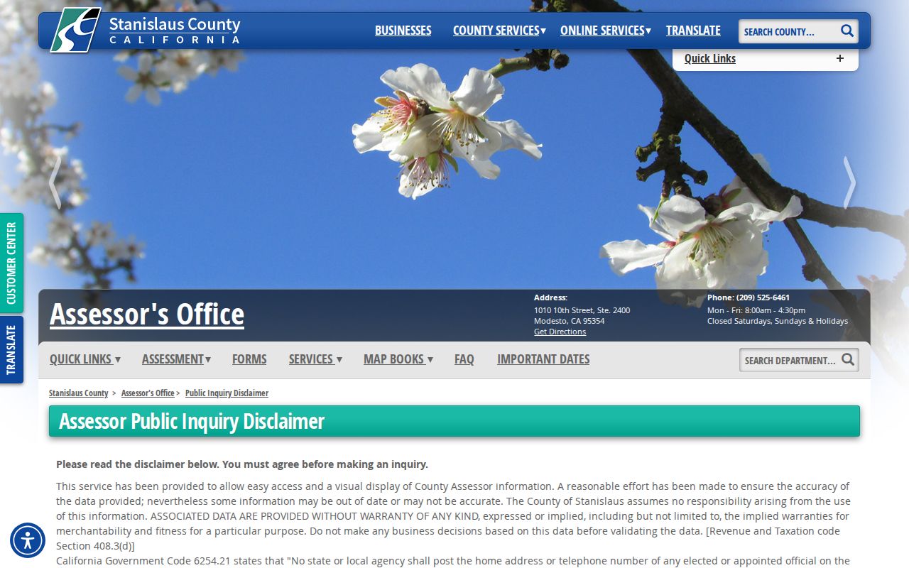 Ceres residents directory view of the Stanislaus Assessor Public Inquiry search