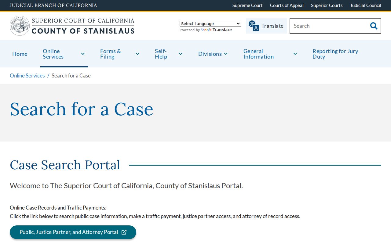 Ceres residents directory view of the Stanislaus Superior Court case search
