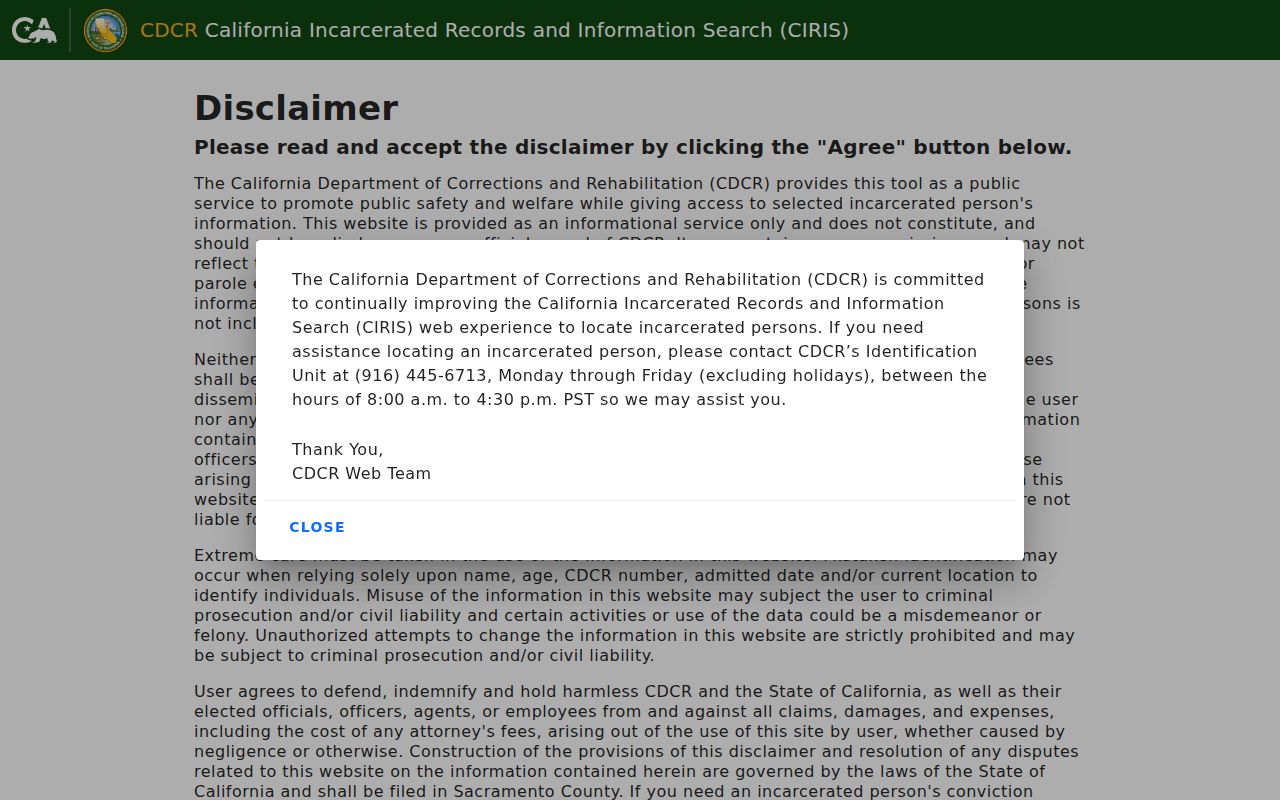 Ceres resident lookup view of the California incarcerated person locator