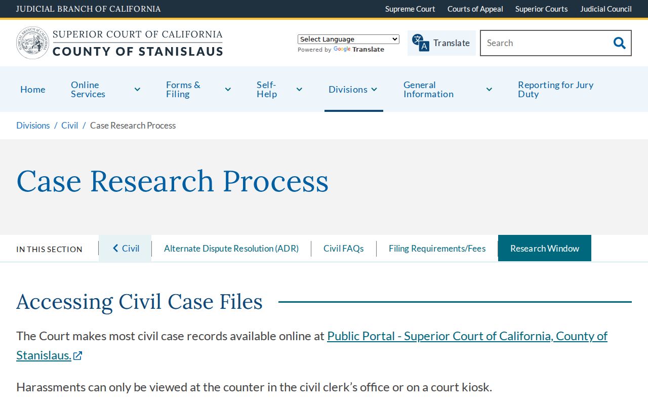 Ceres resident lookup view of Stanislaus Superior Court civil case research