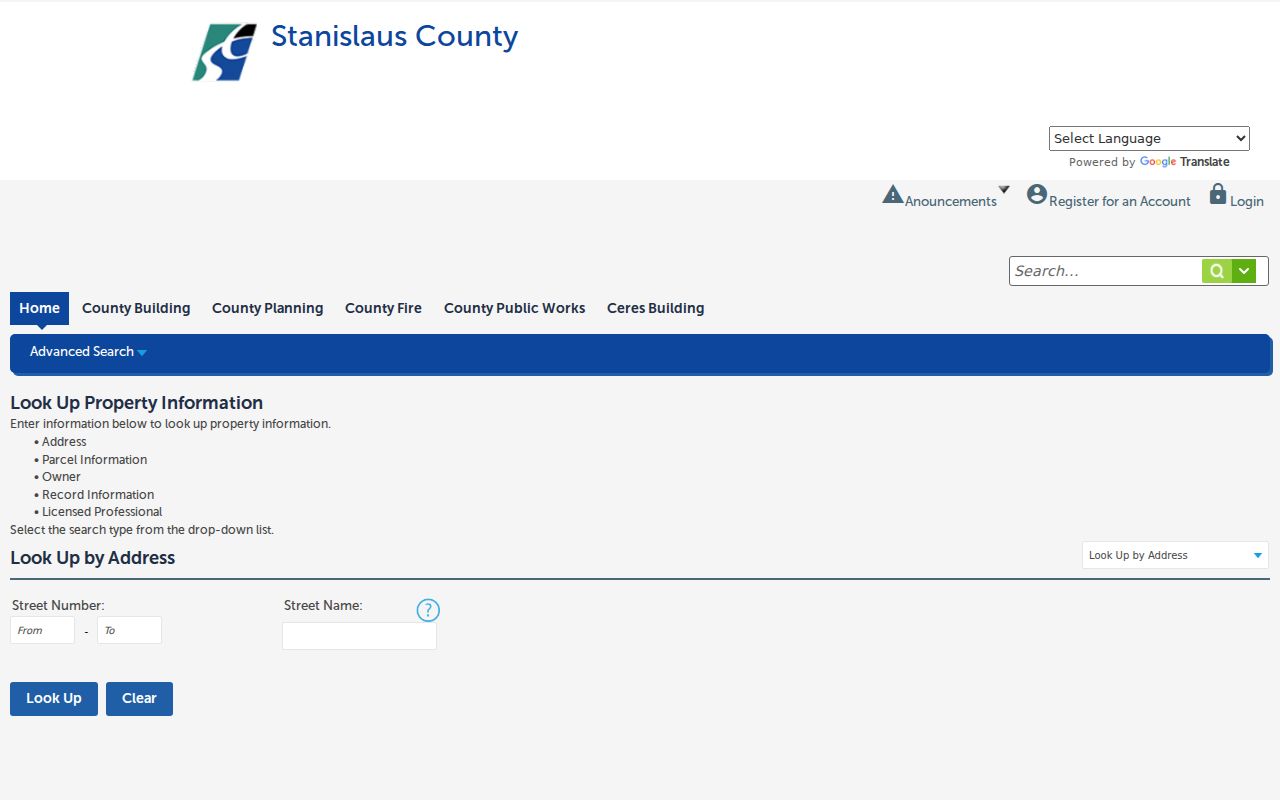 Ceres street directory address and parcel lookup in the county Accela portal